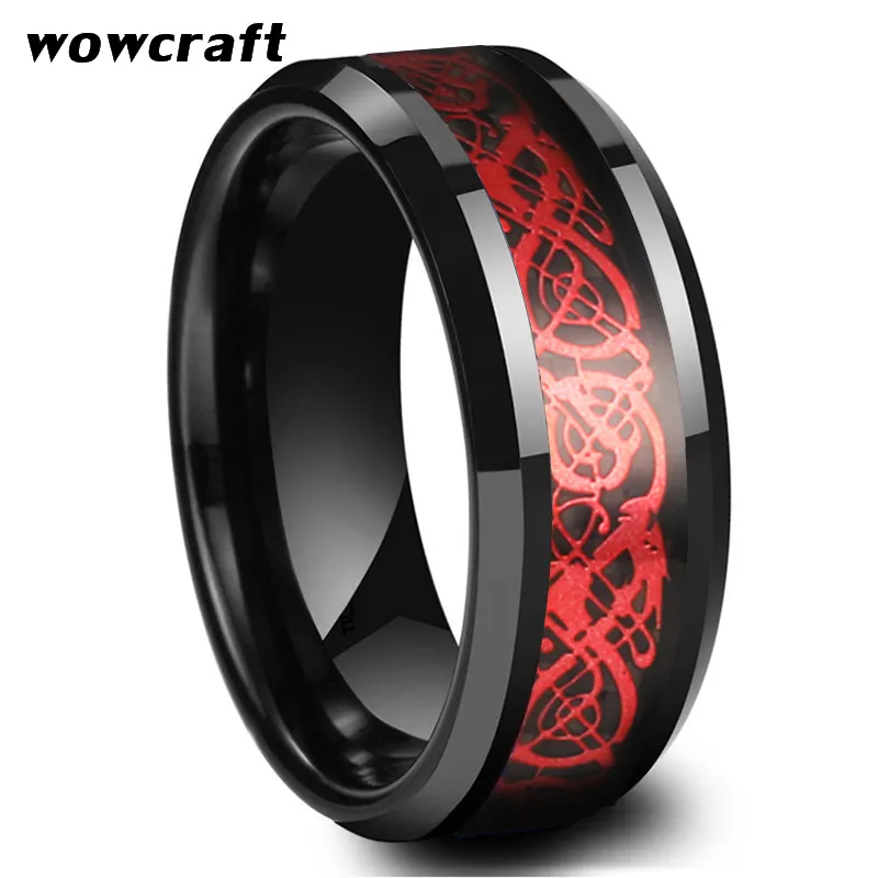 8mm mannen vrouwen wolfraam carbide bruiloft band ringen rode draak inlay afgeschuinde randen Poolse afwerking comfort fit persoonlijke aanpassen