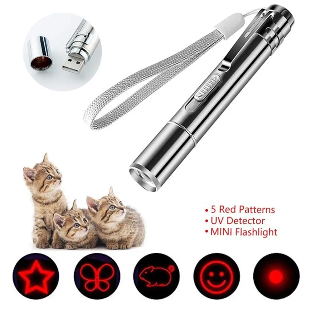 USB Laser Light LED Pen Ze Stali Nierdzewnej Mini Akumulator Laserowy Multi-Pattern 3 w 1 Pet Training Zabawki USB Ładowanie