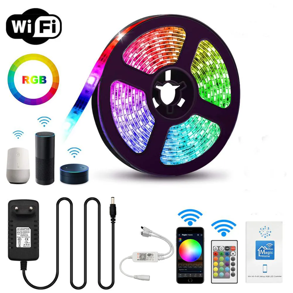 WIFI LED Strip Light RGB مقاوم للماء IP65 SMD 5050 3528 DC 12V Gadget Google Home Alexa Ribbon WiFi Contoller Pluge 5M Ledstrip Lights