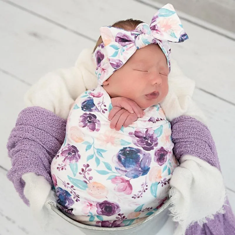 Nyfödd baby pojke tjej tryckt spjälsäng sovsäck baby wrap swaddle kläder set nyfödda fotografier som tar emot filtar blommor @35