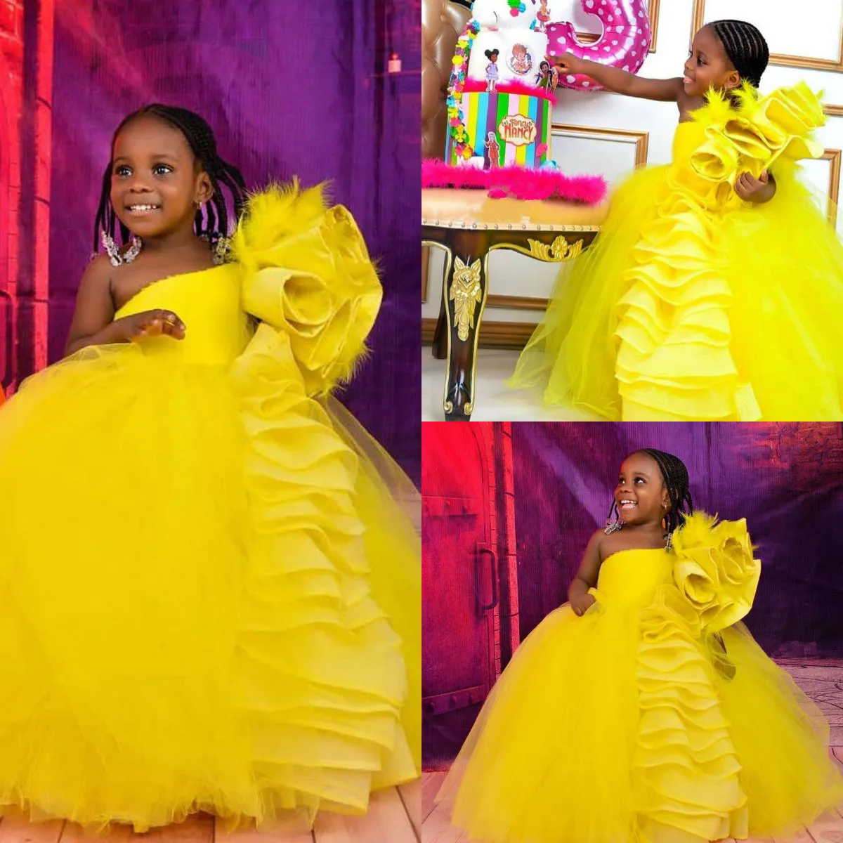 Yellow One Shoulder Flower Girl Dresse with Feathers Handmade Flowers Girls Pageant Dress Puffy Floor Length First Communion Gowns