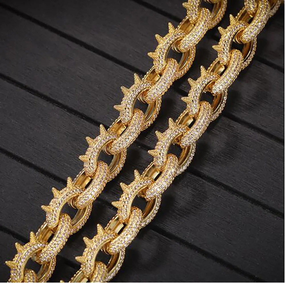 14K Iced Spike Link Diamond Chain Necklace &Bracelet Cubic Zirconia Jewelry 18inch 18inch Gold Silver Chain