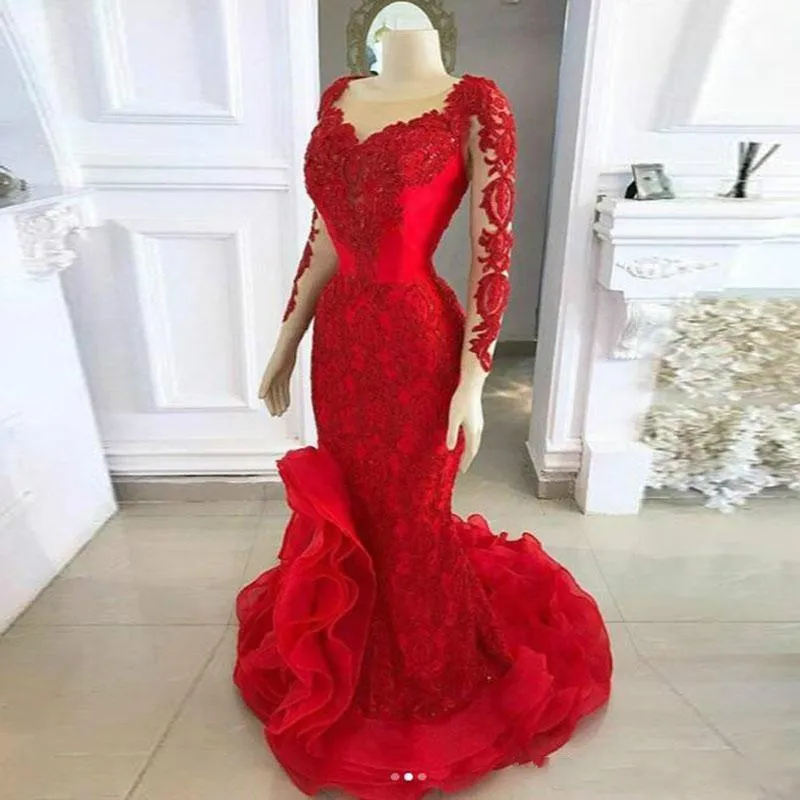 2022 Elegante Vestido de Noite Vermelho Sereia Decote Transparente Apliques de Renda Manga Longa Vestido de Baile Dividido Lateral Ruched Árabe Feminino Forma322M