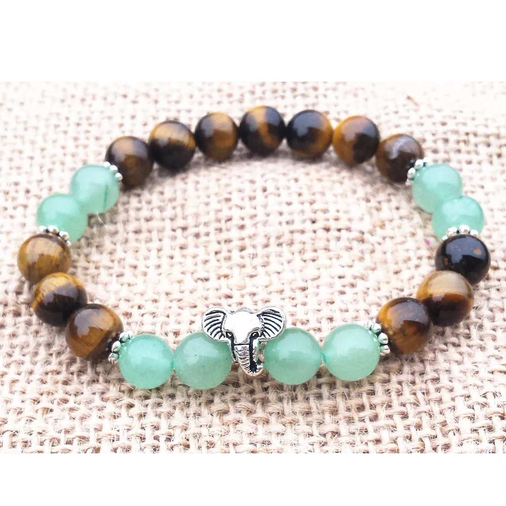 MG0756 Olifant Charm Armband A Grade Tiger`s Eye Energy Armband Natuurlijke Groen Aventurine Beaded Armband Dames`s Gift