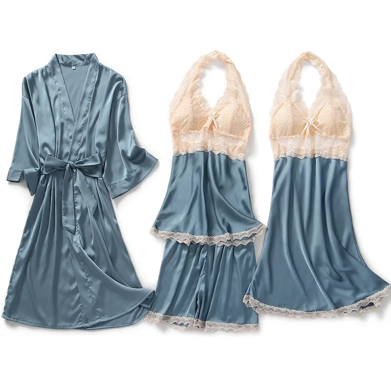 4PCS Women's Lingerie Pajamas Set Sexy Satin Silk Lace Sleepwear Nightgown  Robe