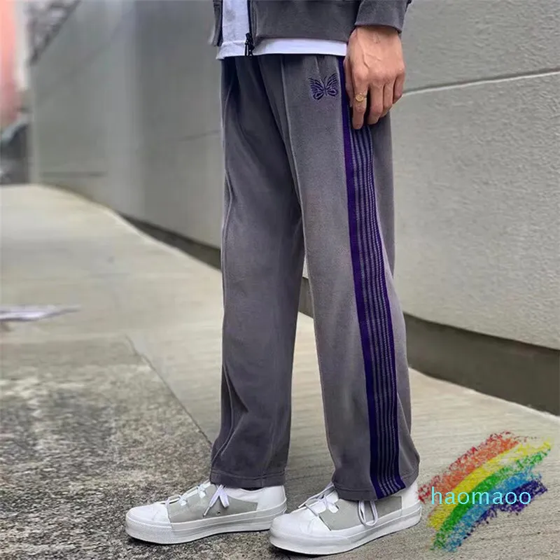 Hot sale-New Needles Sweatpants Men Women High Quality Butterfly Embroidery Pants Joggers Striped Velvet Needles Sweatpants