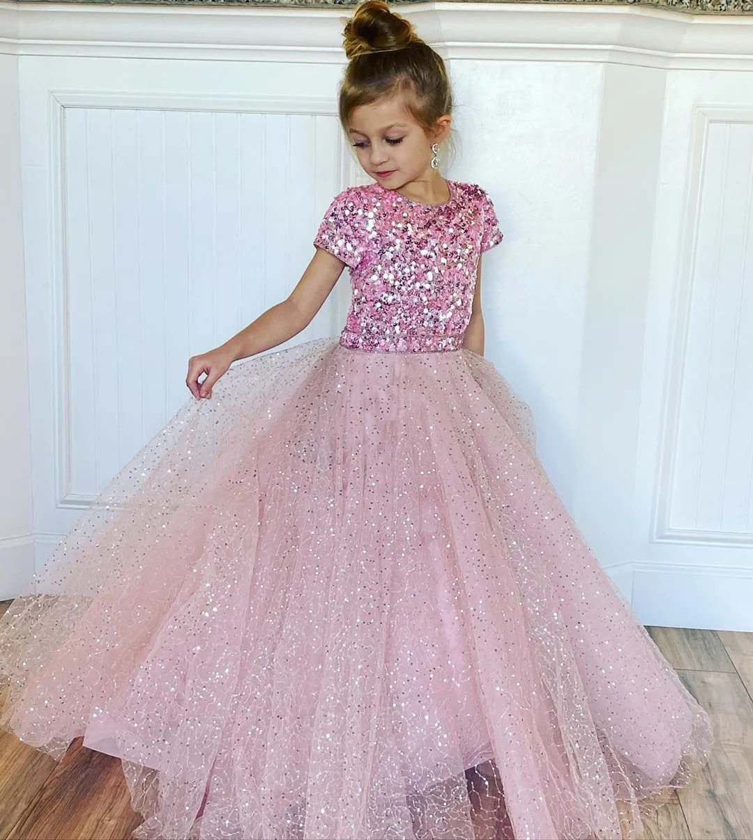 Robe de concours de beauté fille pailletée 2020 petite robe de bal paillettes fille robe formelle pour fête d'anniversaire manches courtes trou de serrure dos blush-rose glace-bleu