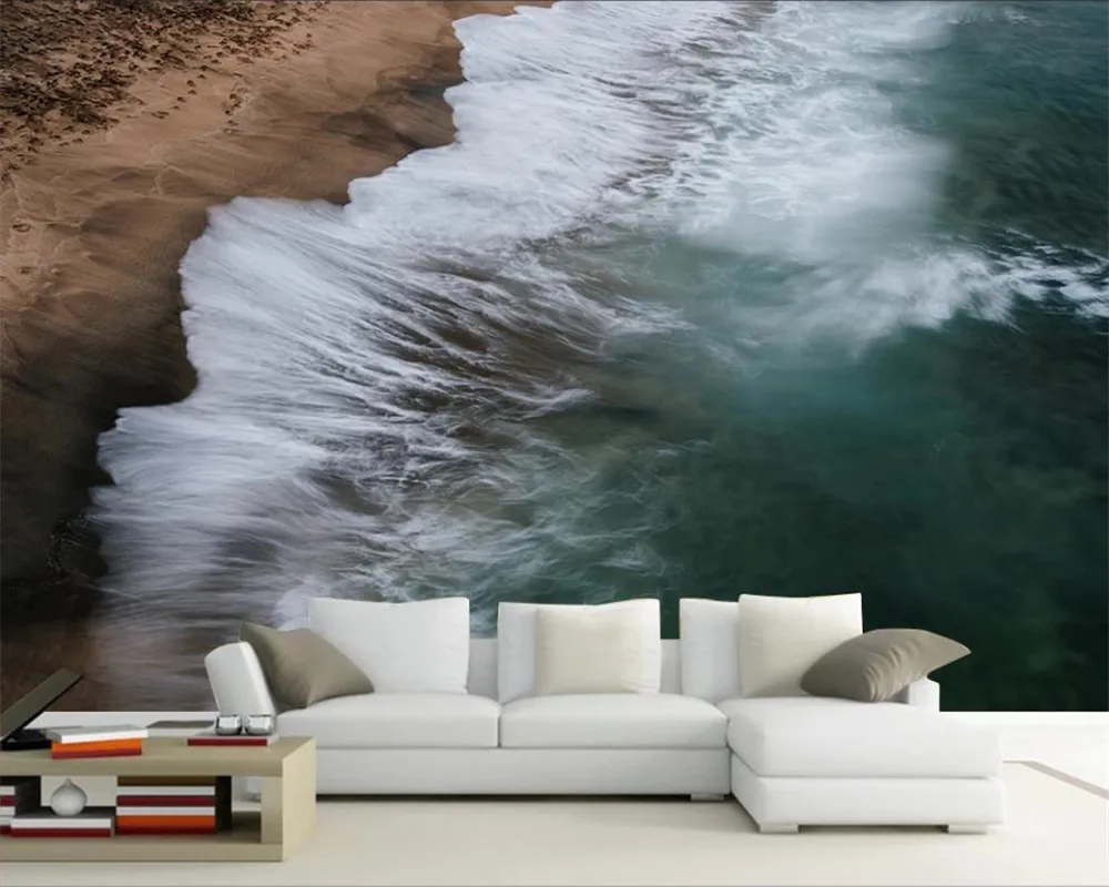Papier peint personnalisé paysage marin 3d | Papier peint nordique moderne et magnifique paysage de vagues d'océan, papier peint décoratif en soie 3d