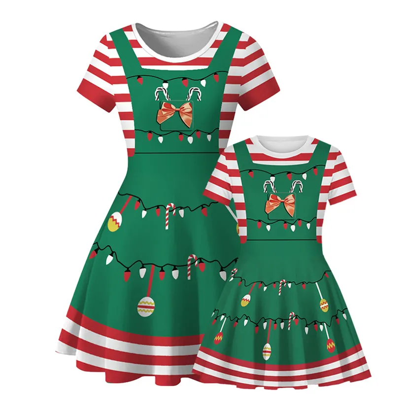 2020 beliebte Weihnachten Digitaldruck Bell Lollipop Stripe Mutter und Tochter Rundhals Kurzarm Kleid