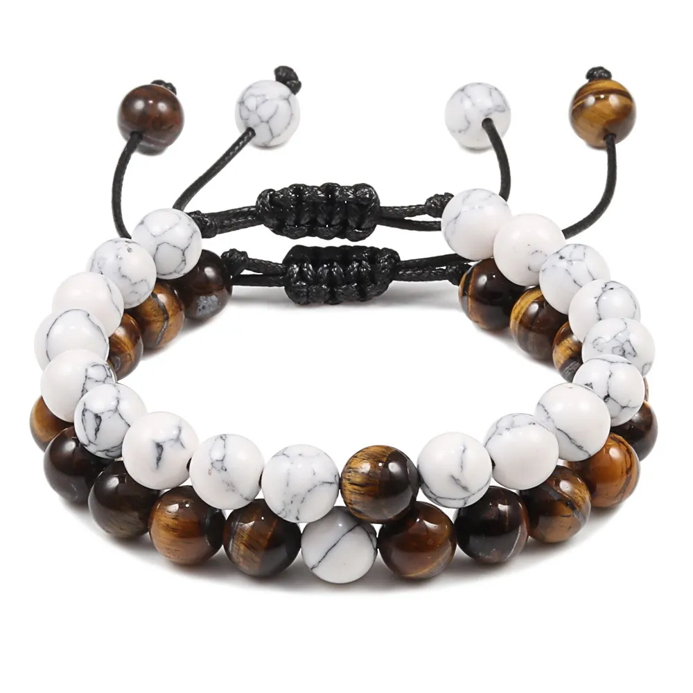 Regulowany 2 sztuk / Zestaw Koraliki Bransoletki Naturalne Tiger Eye Stone Bransoletki Mężczyźni Kobieta Biżuteria Odległość Bransoletka Ying Yang GIF