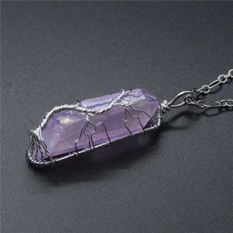 Pendentif Colliers Rétro Mode Naturel Pierre Violet Cristal Bijoux Irrégularité Collier Chandail Chaîne Femmes Fil Wrap Chanceux Cadeau Y643