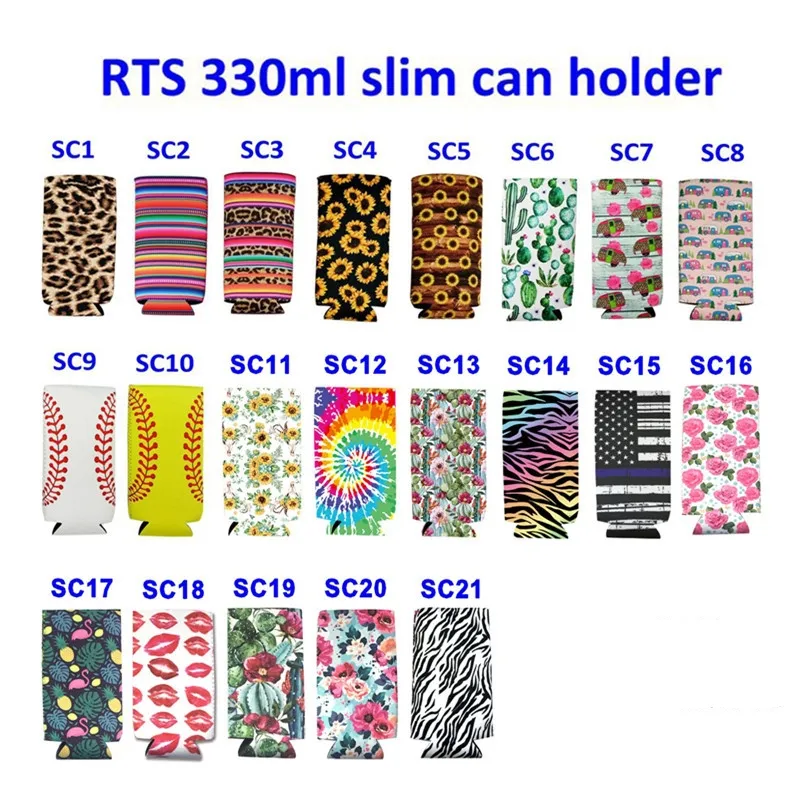 Keychain RTS 330ml Slim Can Holder Sleeve Sunflower Neoprene Insulator Cooler Baseball Water Bottle Cover Case Pouch Leopard Flower Key Ring