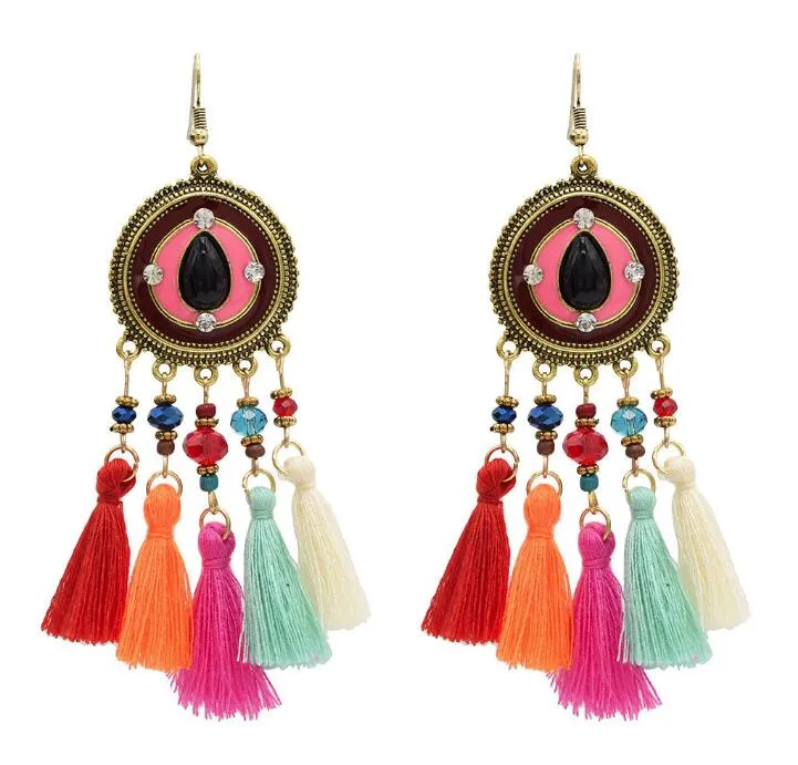 Retro earrings temperament exaggerated creative round big cross-border tassel ethnic style diamond earrings LY057