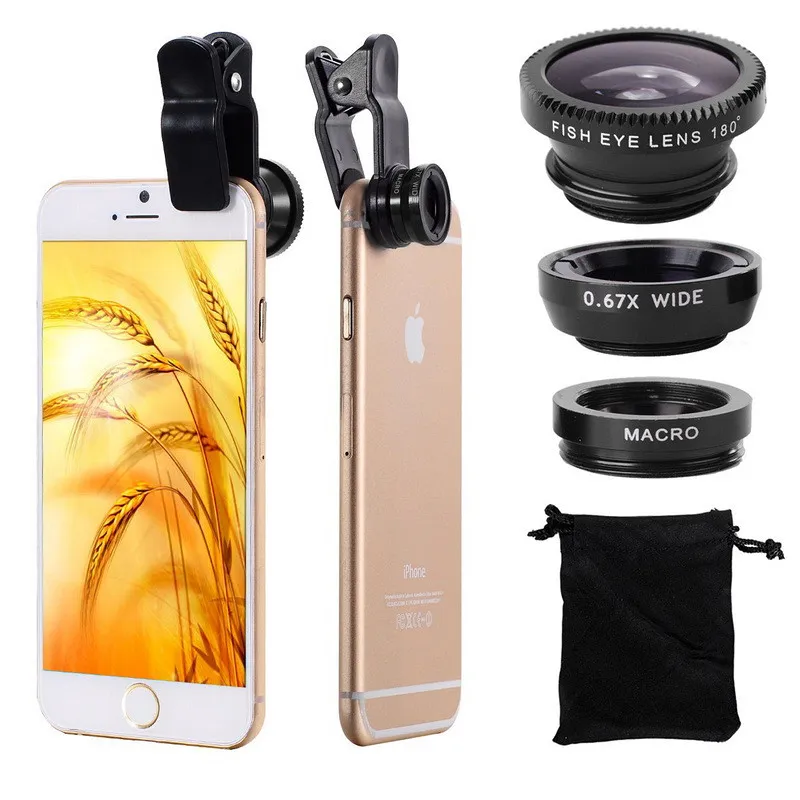 Sıcak Evrensel 3 1 180 Derece Fish Eye Lens Klip-Geniş Açı + cep telefonları iphone 11 samsung Android akıllı İçin Makro Lens