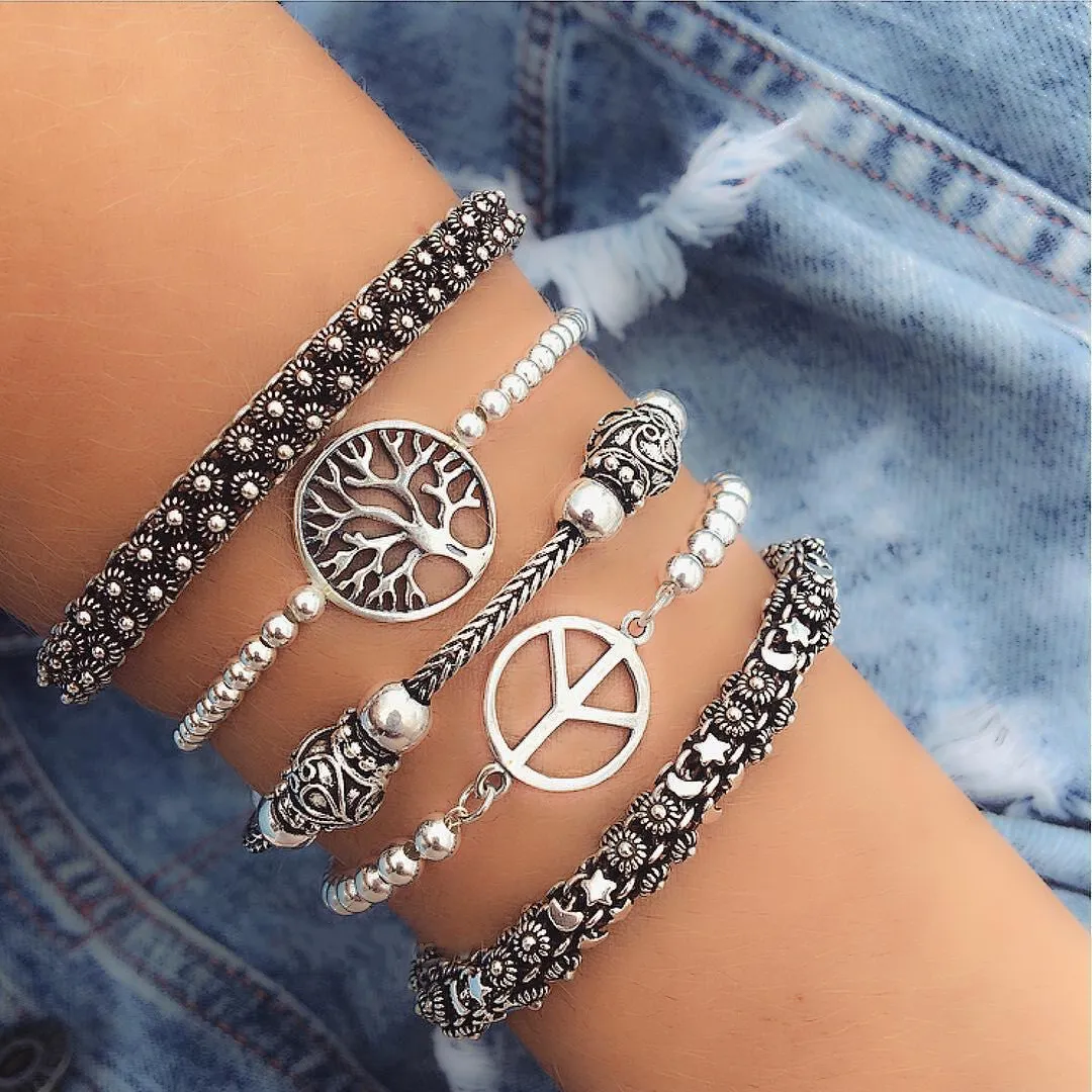 Fashion Antique 925 Silver Bangle Open Cuff Women Bracelets Cute Moon and Star Daisy Bangles for DIY Jewelry Wholesale