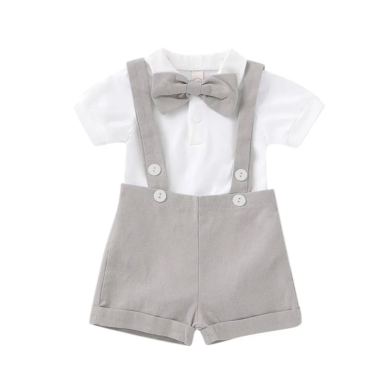 Hdjbinsk Toddler Boy Gentleman Outfit Long Sleeve Button Up Shirt Romper With Bow Tie And Striped Suspender Pants Set Baby Boy Fall Wedding Party Gentleman Suit (Bleu, 2-3 Years