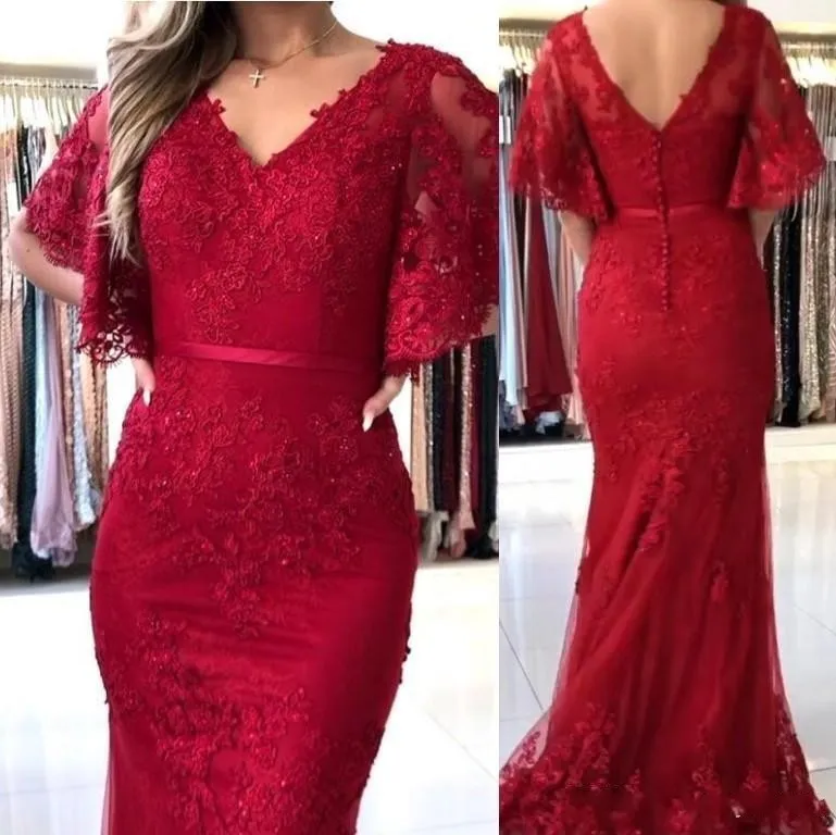 vestidos أنيقة عنابي حورية البحر فساتين السهرة V الرقبة الرباط يزين مطرز الشاعر الأكمام الرسمية أثواب السهرة سهره caften