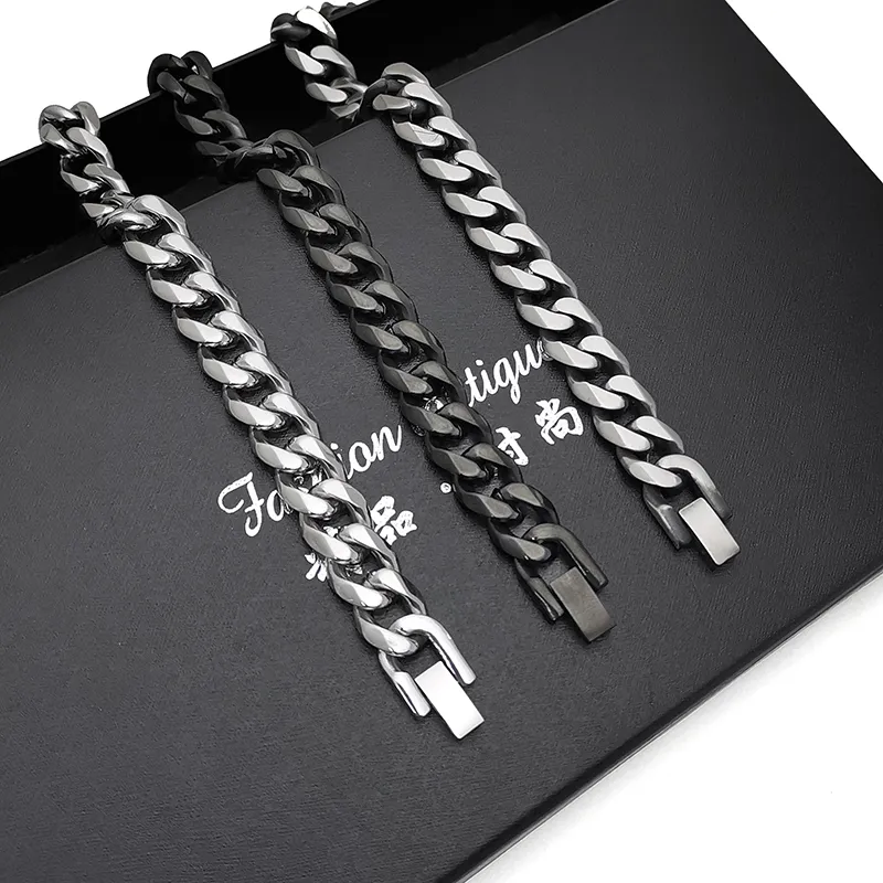 Bracelets noirs pour hommes en acier inoxydable bracelet hip hop chaîne à maillons cubains à la main rétro bracelet en acier cadeaux pour homme accessoires