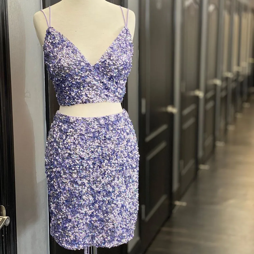 Two-Piece Hoco Dress Purple Sequins Homecoming Gown Sheath Spaghetti Neck  Short Prom Dress Backless Tassel Pink Blue from Dhgate In Stock Special  Occasion Dresses - price 71.33