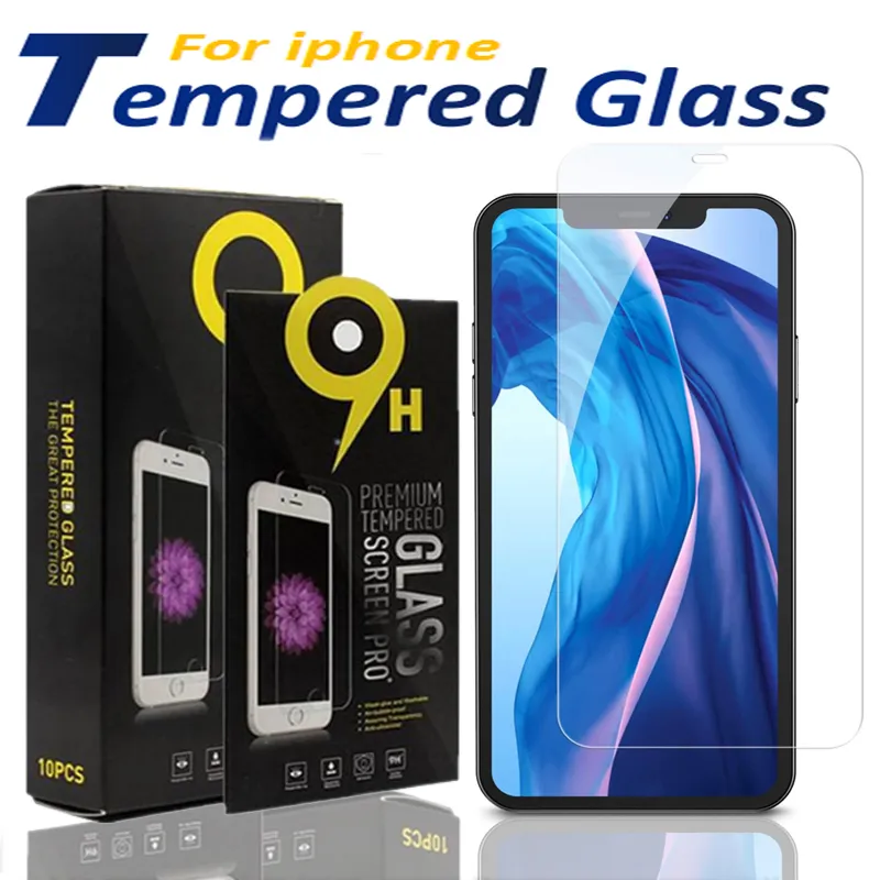 Skärmskydd för iPhone 15 Pro Max 14 13 12 11 Pro XS Max X XR 8 Plus Tempered Glass J7 A50 med papperslåda