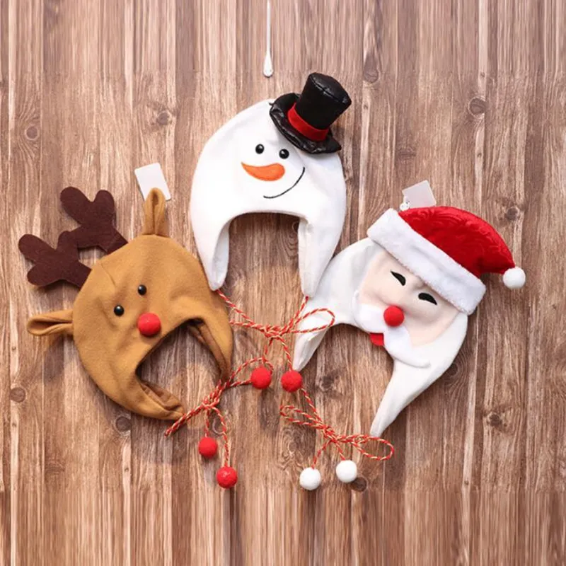 Kids Christmas Hat Cartoon Warm Earmuffs Hats Long Rope Santa Caps Party Costume Photography Props Xmas Gifts Snowman Deer Santa DW5758