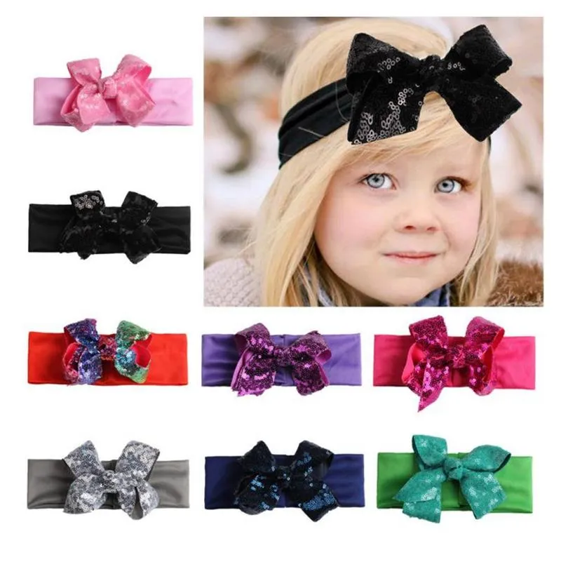 Lantejoulas Bow Headbands bebê bowknot Hairband elásticos largos Turbantes lantejoulas Meninas cabeça bandas Acessórios de cabelo do bebê Headwear 9 Designs