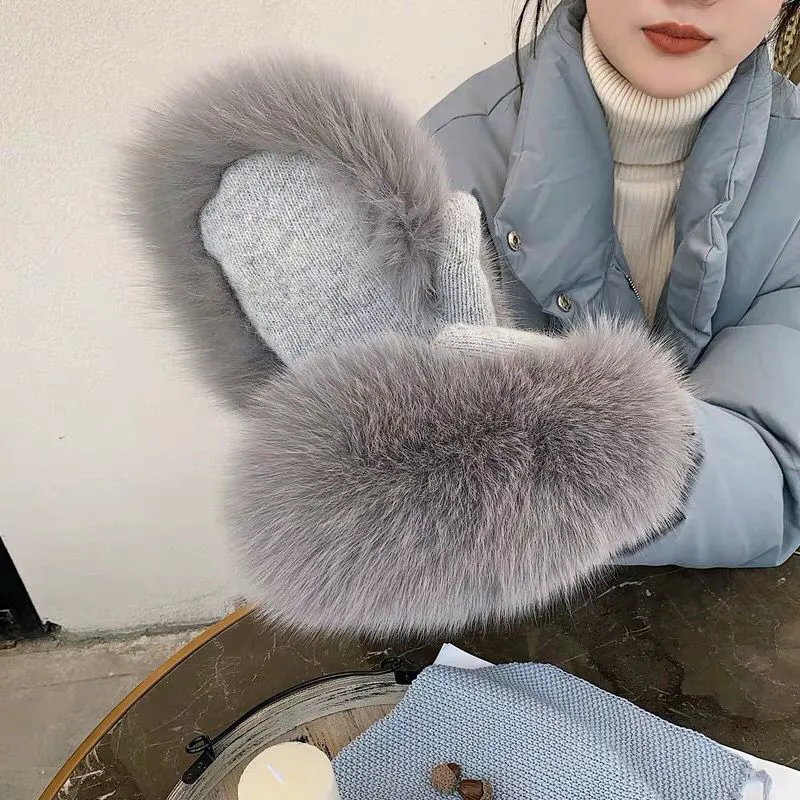 Five Fingers Gloves Women Winter Luxury Real Fox Fur Gloves Wool Kintting Mittens Girls Ski Warm Fur Mitts Russian Lady Wrist Glove