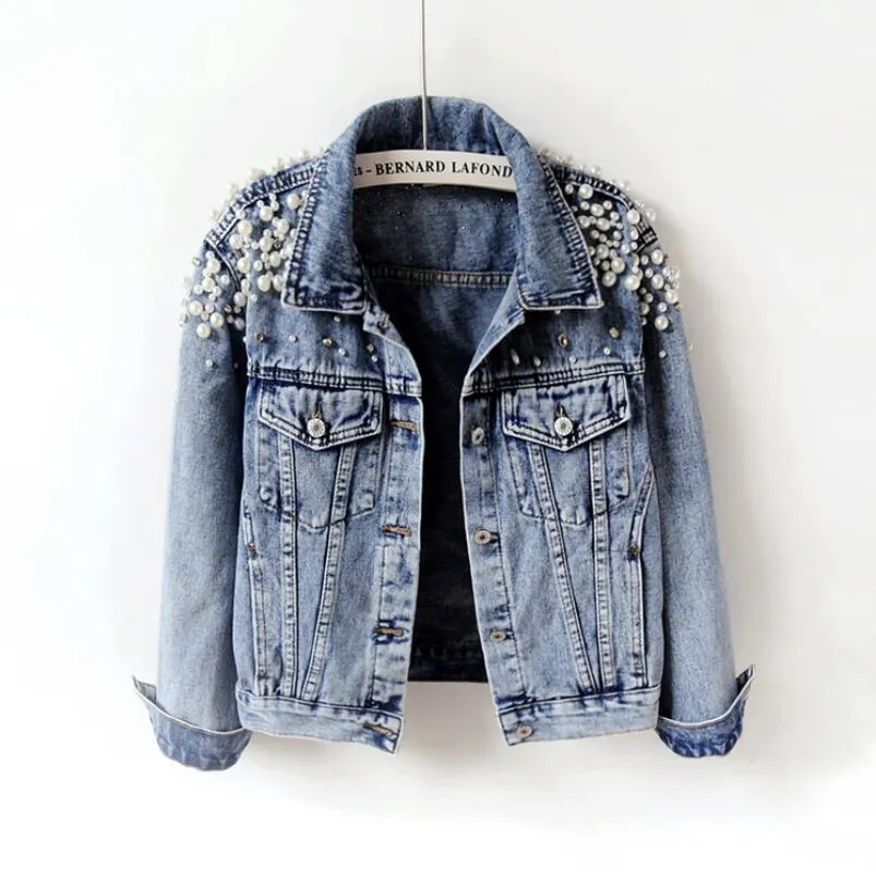 Spring Autumn Woman Basic Coats Women Denim Jacket Pearls Beading Fashion Jeans Coat Loose Long Sleeve Jackets W1021