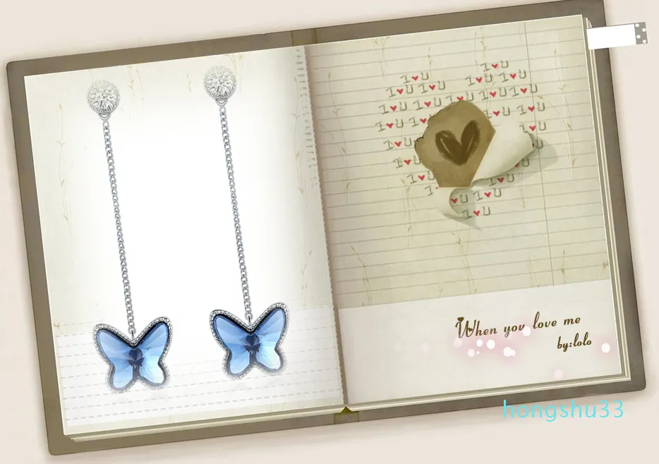 Hot Sale Butterfly dangle earrings for women fashion jewelry blue crystal animal pendant diamond earrings gold jewellery for women
