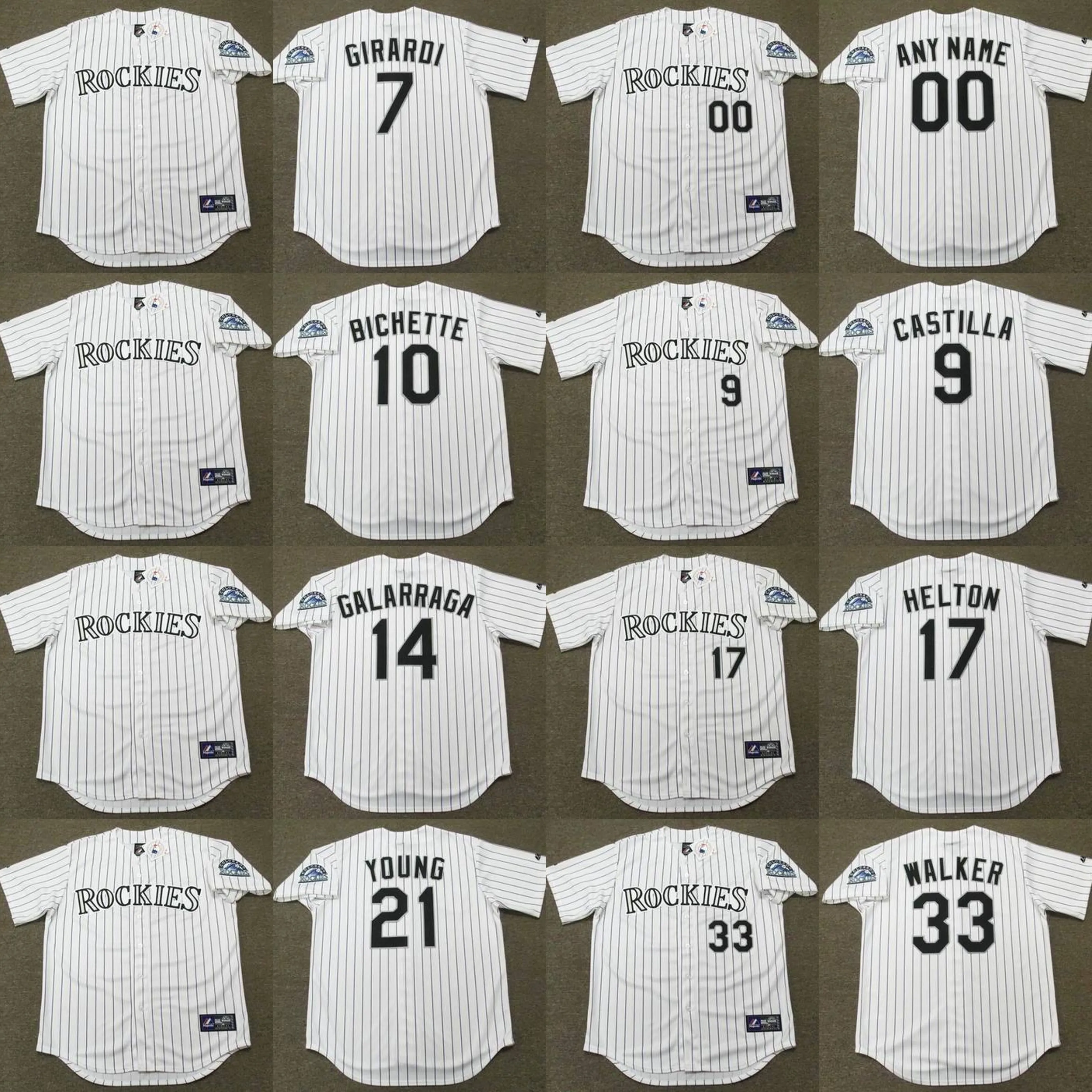 Colorado 14 ANDRES GALARRAGA 17 TODD HELTON 9 VINNY CASTILLA 33 LARRY WALKER 21 ERIC YOUNG 10 DANTE BICHETTE Baseballtrikot genäht