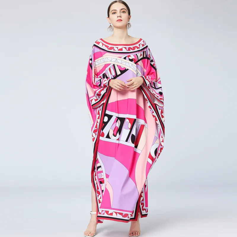 Women's Runway Loose Design Dresses Slash Neckline Batwing Sleeves Multicolor Printed Elegant High Street Maxi Dresses266n