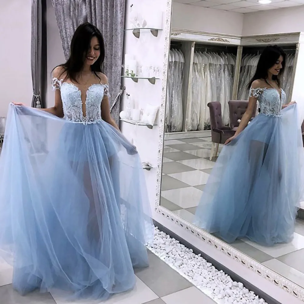 New Customize Beautiful A-Line Illusion Neckline Light Blue Tulle Party Prom Dress with Lace Bodice Long Prom Evening Dresses