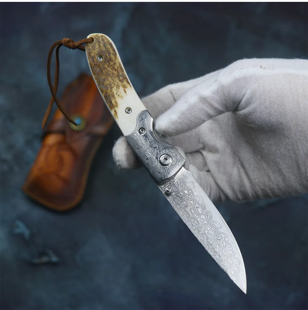 Ad alta durezza damasco acciaio portatile pieghevole coltello tascabile corna naturale manico di sopravvivenza da campeggio esterno caccia alla pesca selfdef1314333