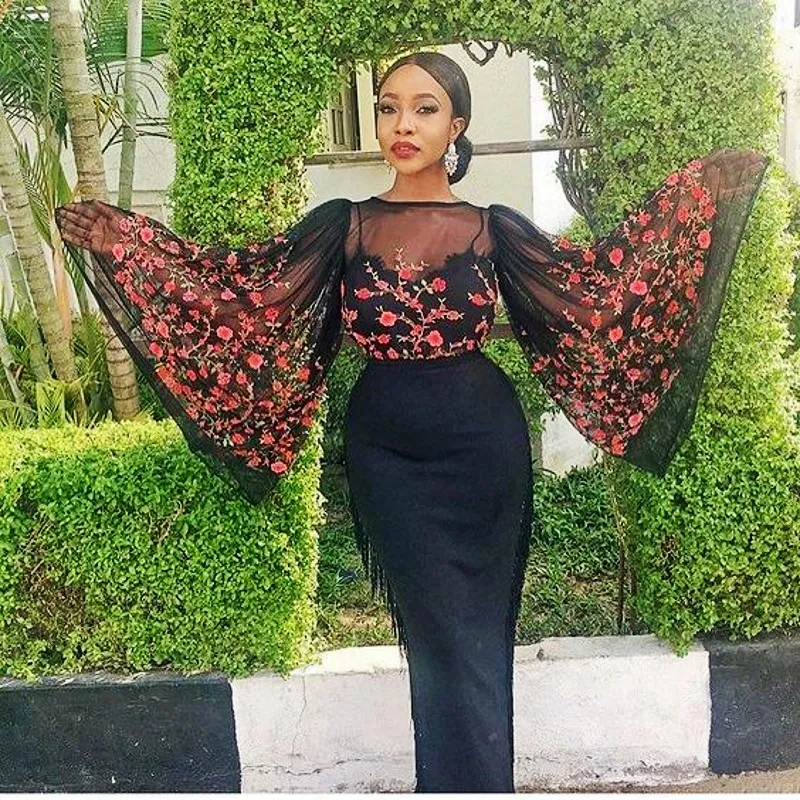 Mermaid African Print Prom Dress With Flared Sleeves Sheer