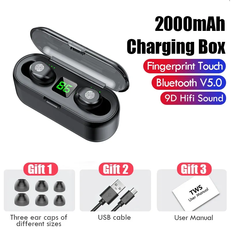 F9 TWS v5.0 Halten Sie die gleiche Qualität drahtloser Bluetooth -Kopfhörer -Earphone -LED -Display 2000mah Power Bank Headset mit Mikrofon