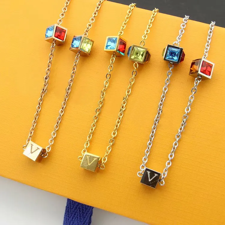 Europe America Style Men Lady Women Titanium steel Lovers Necklace Engraved V Initials Three Colored Diamond Dice Pendants