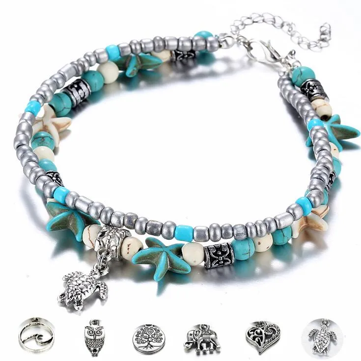 Dubbel Anklet Conch Starfish Rice Bead Yoga Beach Turtle Pendant Anklet Armband GD543
