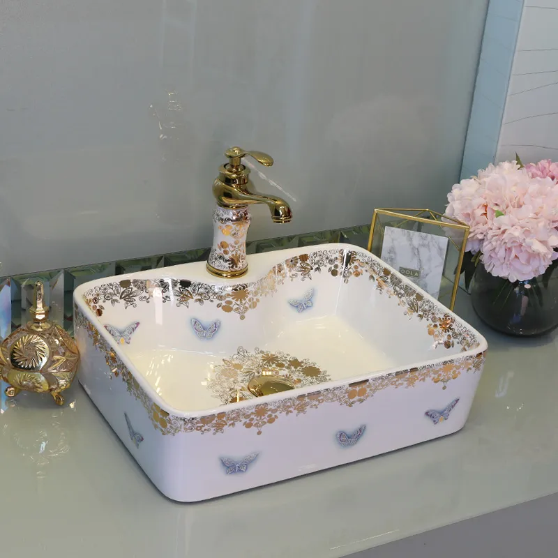 China Artistic butterfly pattern Porcelain Art Bathroom Sink Lavabo Washbasin Sink counter top countertop washbasin rectangular