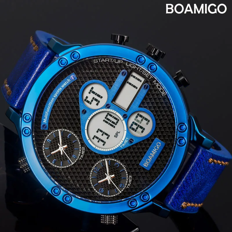 BOAMIGO hommes montres haut hommes montres de sport Quartz LED numérique 3 horloge mâle bleu montre relogio masculino253D