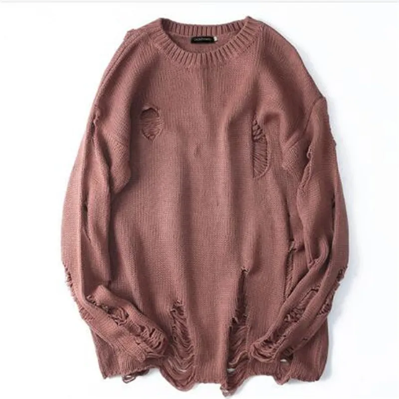 Ripped Destroyed Holes Distressed Sweaters Mens Knitted Pullover Sweater Male Hip Hop Fashion Loose Sweater Streetwear