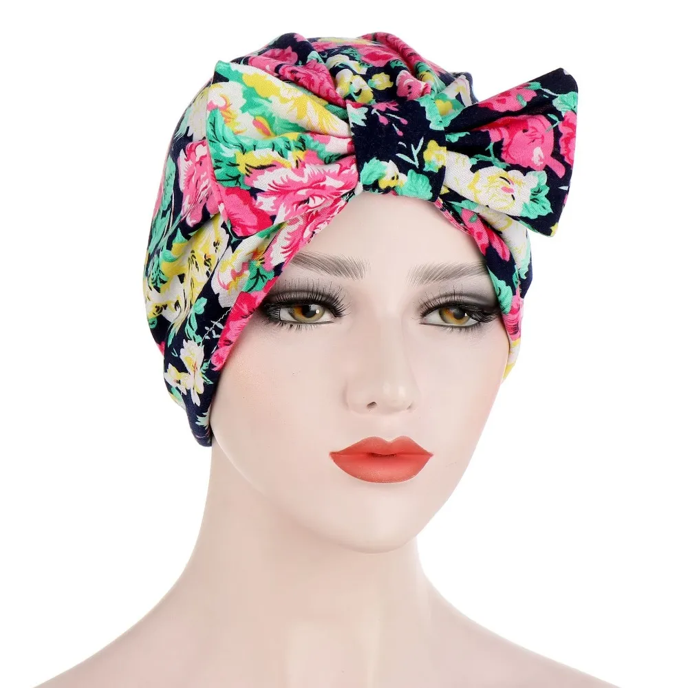 Muslim Print Bonnet Frauen Big Bowknot Stretch Hijab Turban-Hut-Schal-Kopfbedeckung Cap-Kopf-Verpackungs Chemo Mützen Bogen-Haar-Accessoires