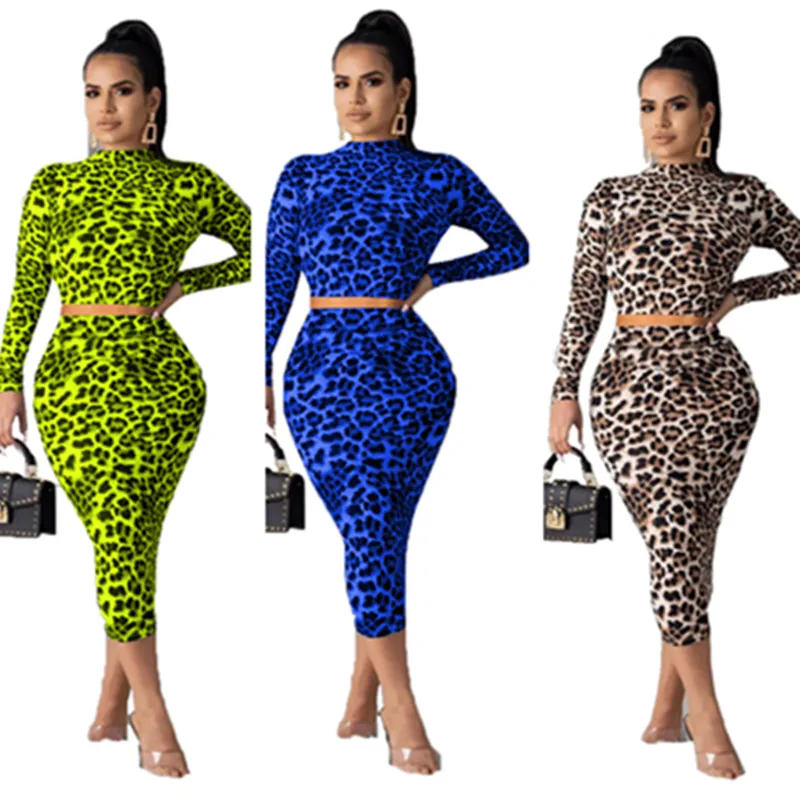 Women's Two Piece Dress Suit Leopard Blouses Hoodies Crop Tops + Skinny Skirt Bodycon Dresses Outfits Fashion Party Bar Clothing Suit LY811