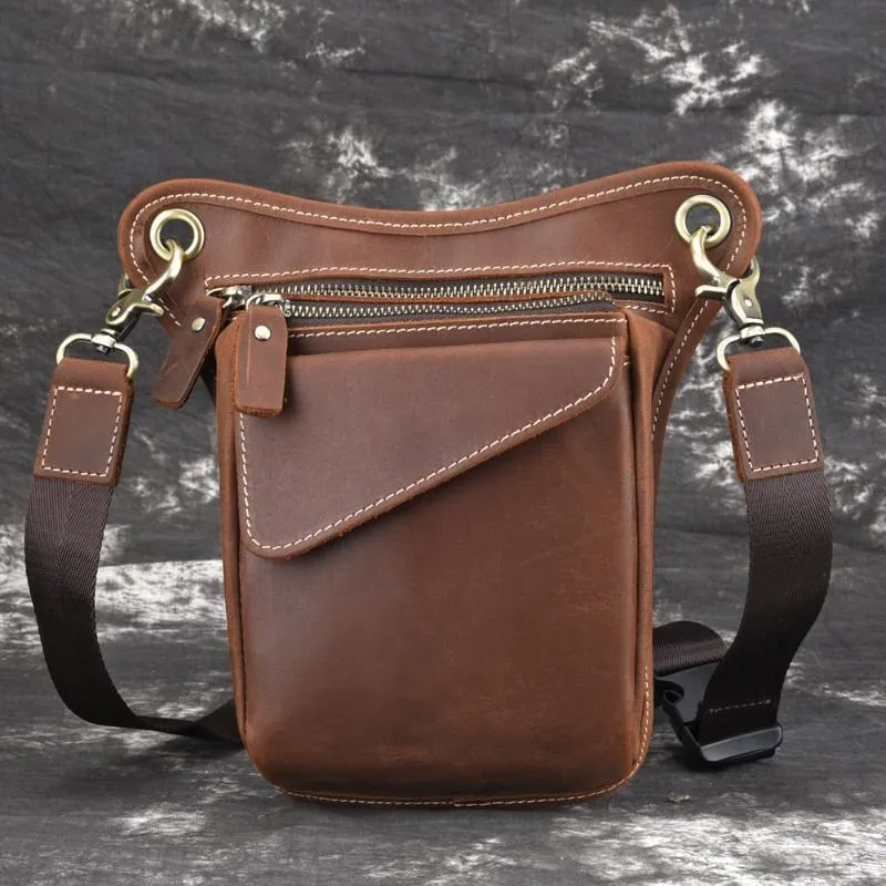 New Men's Genuine Leather Waist Bags Crazy Crossbody Bag Multifunction Leg Trendy Cow