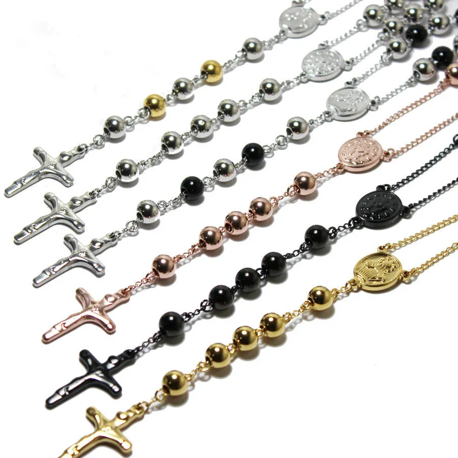 Hot sales rozenkrans kralen Jezus kruis ketting hangers rvs sieraden voor mannen vrouwen 3 kleuren goud geroemd zilver 4mm / 6mm / 8mm