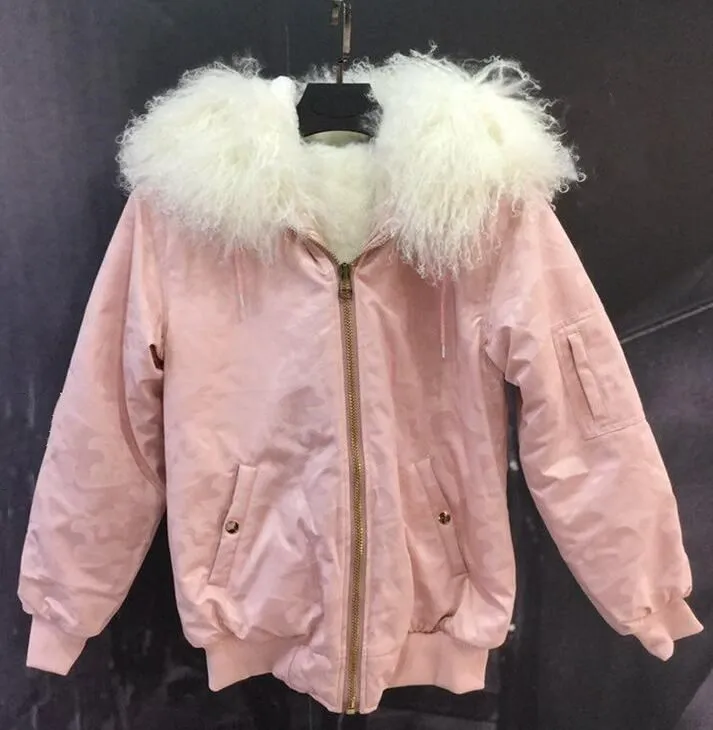 Nouvelle arrivée blanc mongolie fourrure de mouton meifeng blanc fourrure de lapin doublure rose bomber vestes hiver femmes parkas courtes