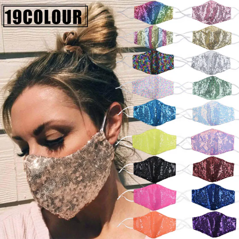 Fashion Bling Sequins Protective Mask PM2.5 Dammtät munskydd Tvättbara ansiktsmasker Bar Dance Earloop Cykling Masker HH9-3250