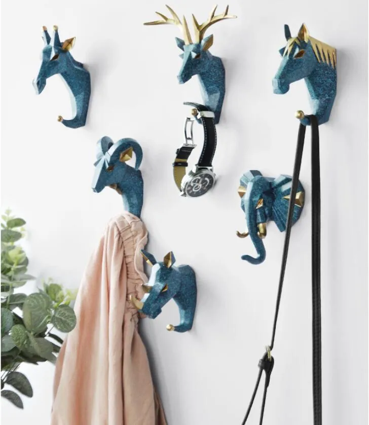 Creative Animal Head Decoratieve Haak Hars Crafts Herten Hoofd Nail Free Wall Clothes Hook Deur Back Coat Hooks