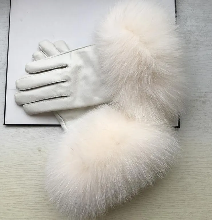 Women's natural big fur genuine leather glove lady's warm natural sheepskin leather plus size white driving glove R24511790