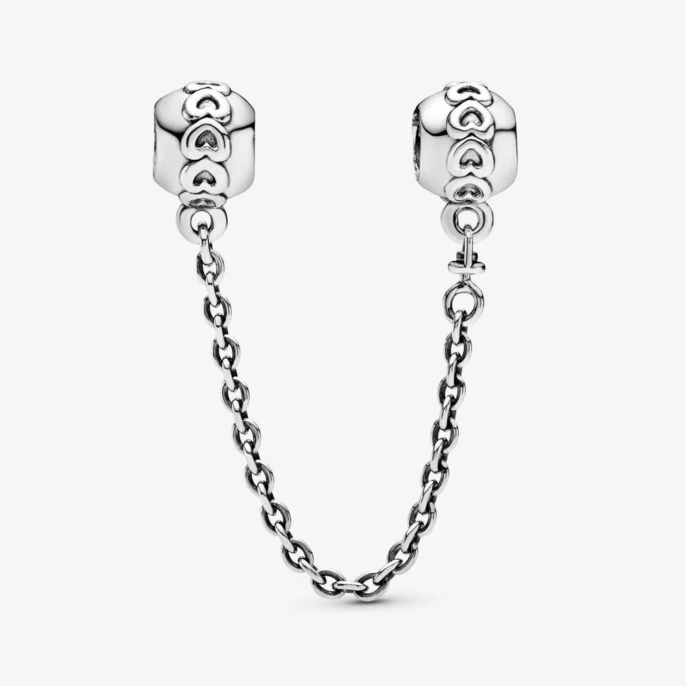 100% 925 Sterling Silver Band of Hearts Safety Chain Charms Fit Original European Charm Bracelet Fashion Women Wedding Engagement 215u