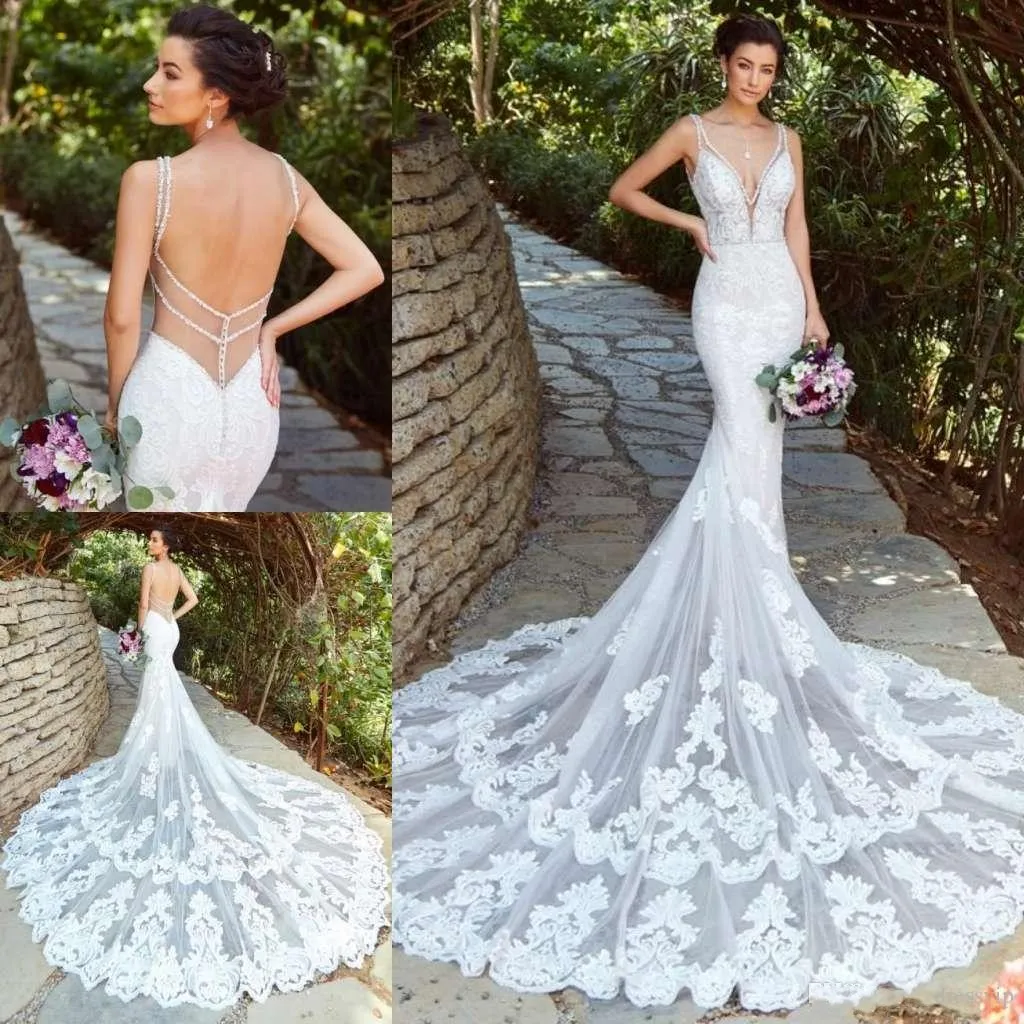 Sexy Spitze Plus Size Brautkleider im Meerjungfrau-Stil, V-Ausschnitt, Applikationen, Hofschleppe, Strandhochzeitskleid, rückenfrei, Boho-Strandhochzeitskleid, Brautkleider